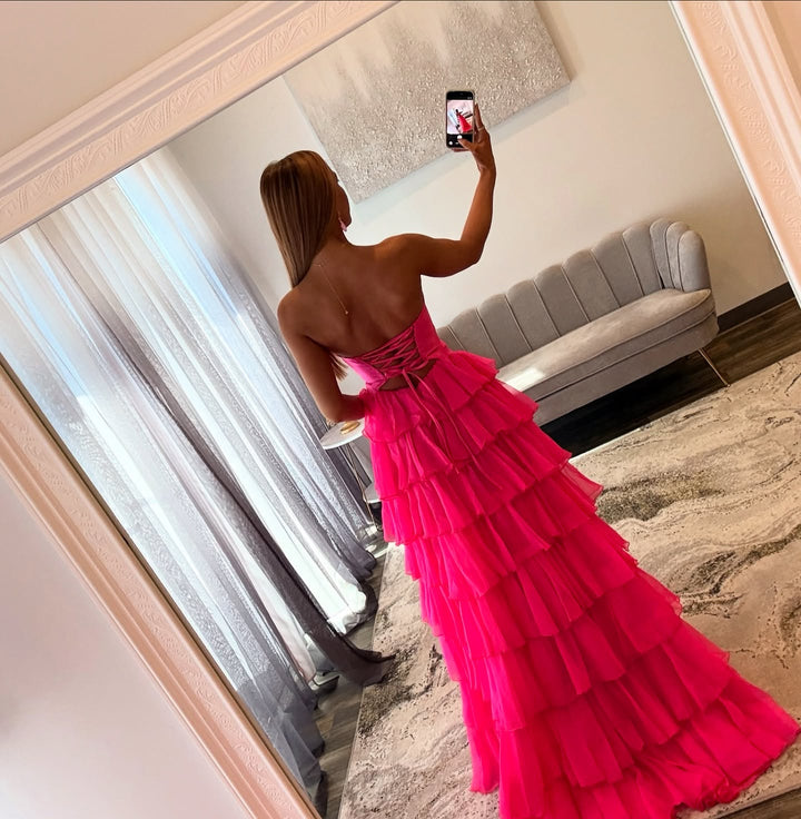 Elegant A-line Long Fuchsia Strapless Chiffon Prom Dress with Slit