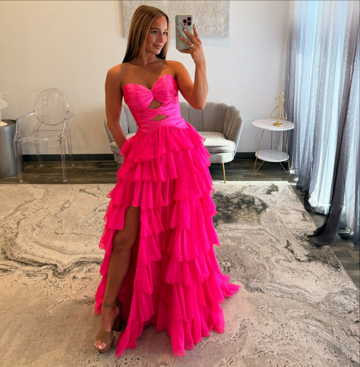 elegant fuchsia dress Primavera Couture 4192 Size 00,8,14 Fuchsia Prom Dress Strapless Peak Point Pageant Gown Slit Formal 14 / Fuchsia