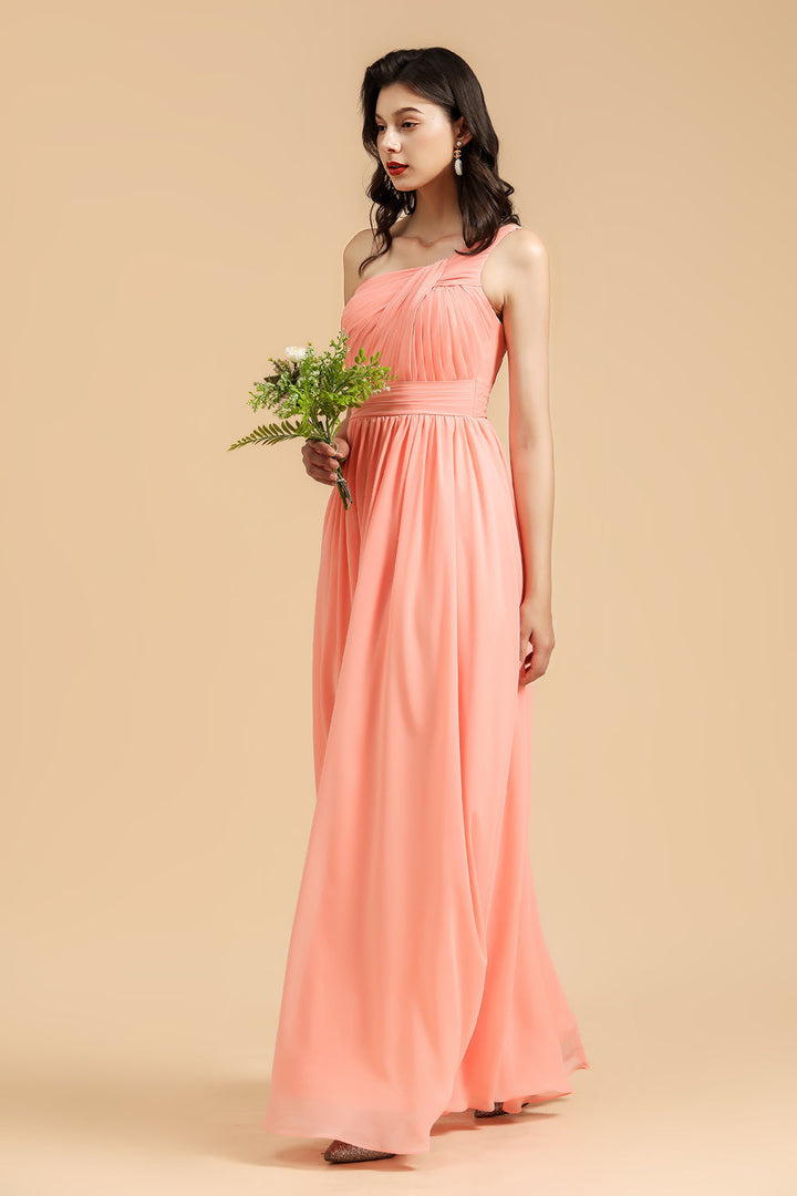 coral bridesmaid dresses one shoulder Gorgeous Long A-line One Shoulder Lace Coral Chiffon Bridesmaid Dress with Slit