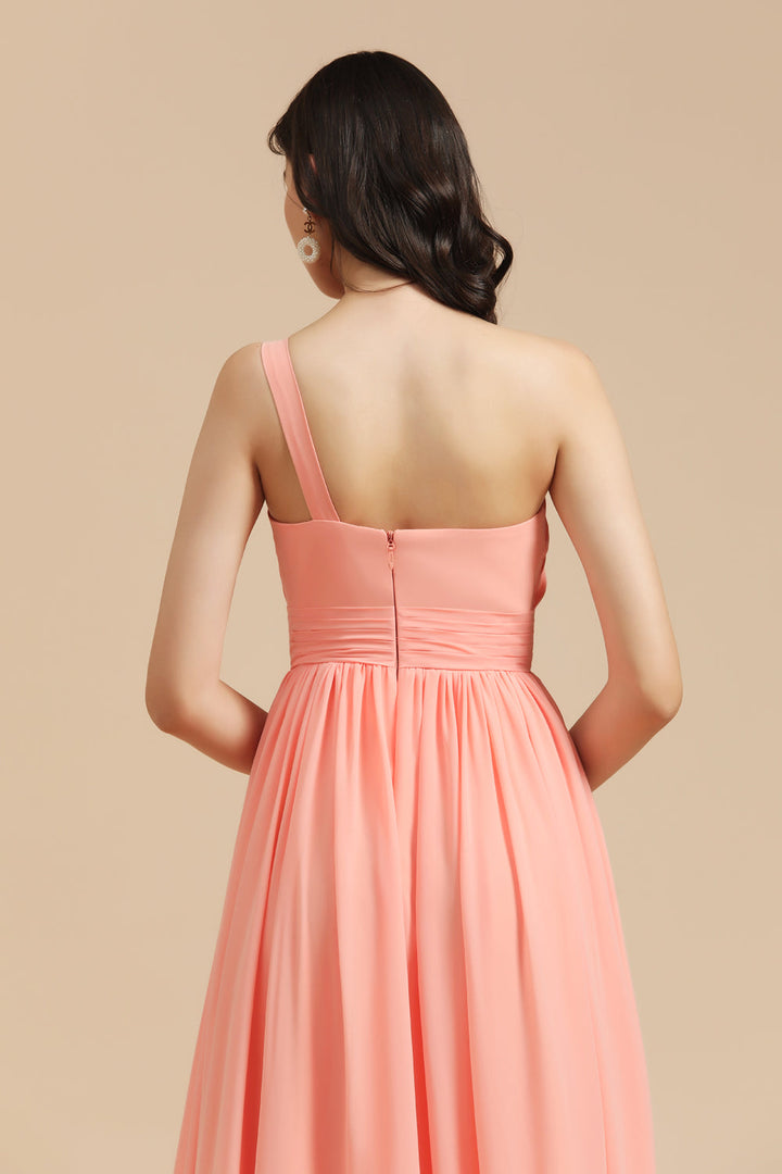 one shoulder coral bridesmaid dresses Bridesmaid Dress Coral Flowy One Shoulder Long Sleeves Floor Length Chiffon Bridesmaid Dresses