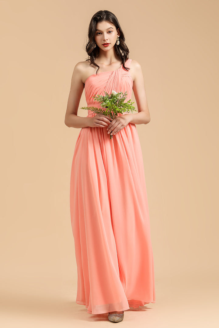 elegant coral bridesmaid dresses A-line One Shoulder Chiffon Long Dress Billie Eilish landed on