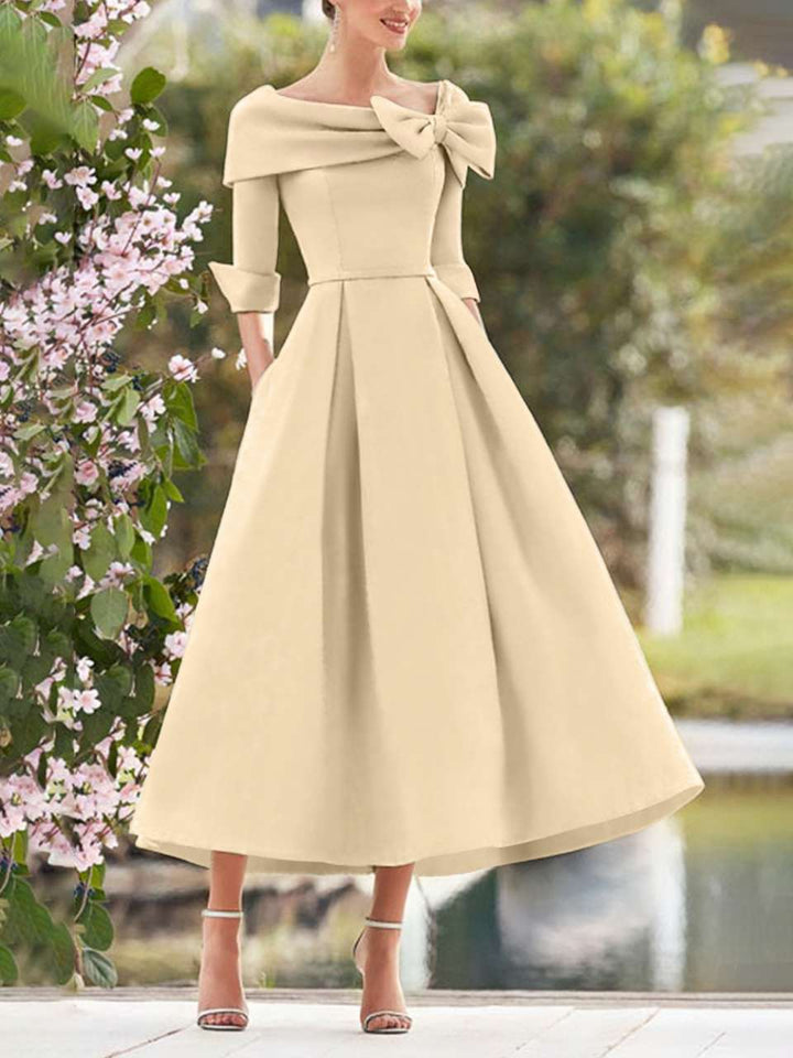 Elegant A-Line Princess Dresses with Cowl Neck and Bows 3/4 Sleeves Tea  Length for