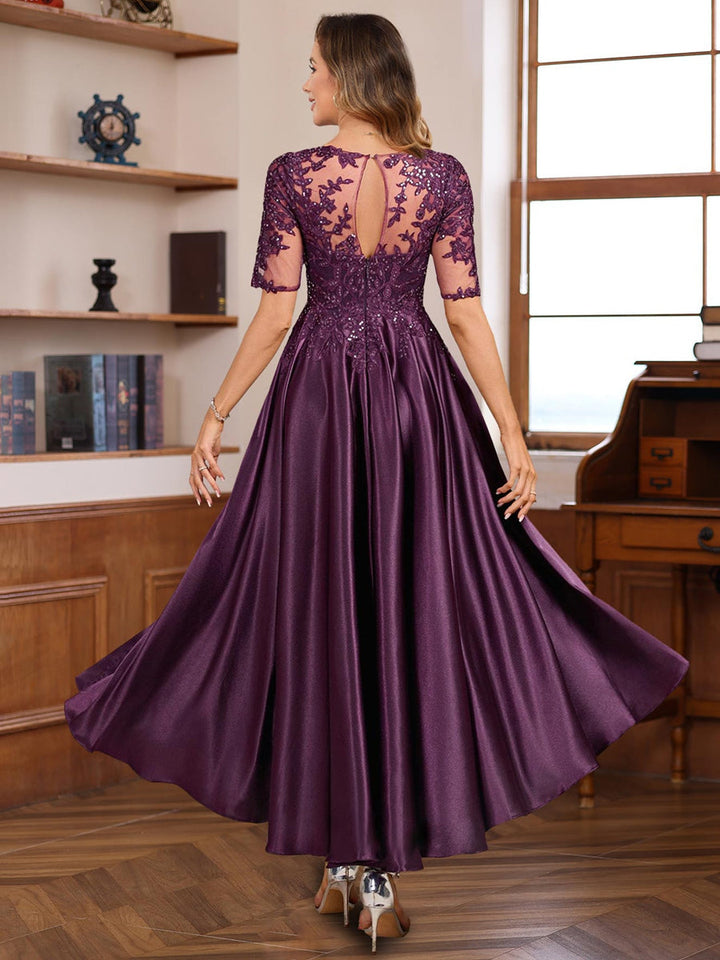 Elegant A-Line Princess Round Neck Short Sleeve Asymmetrical Mother of the Bride & Groom Dress Elegant A-Line Princess Round Neck Short Sleeve Asymmetrical Mother of the Bride & Groom Dress