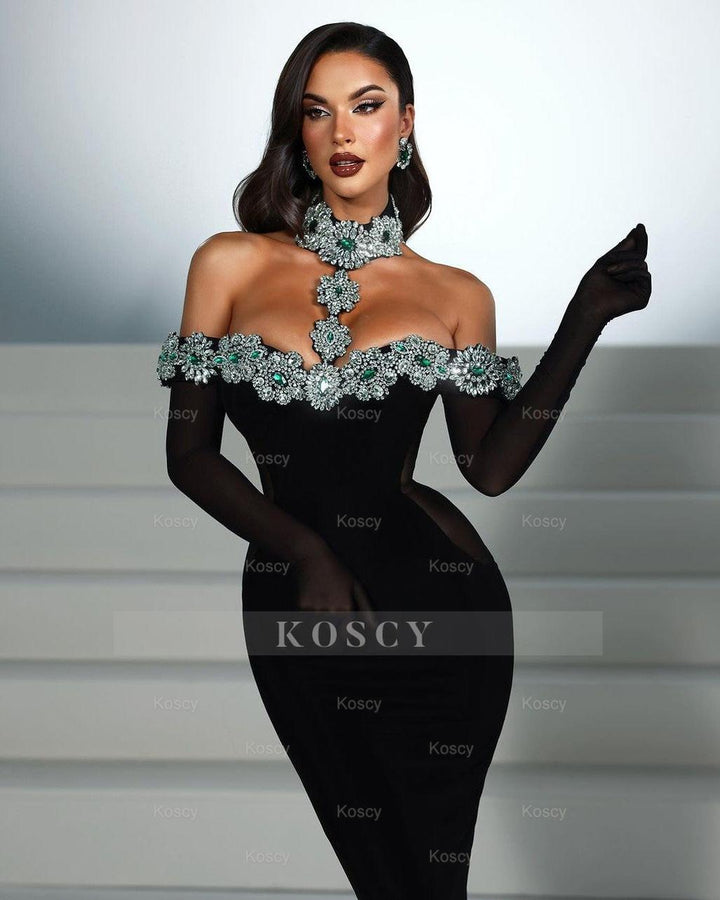 Elegant Black Prom Dress Long Mermaid Half Sleeves With Gloves Halter
