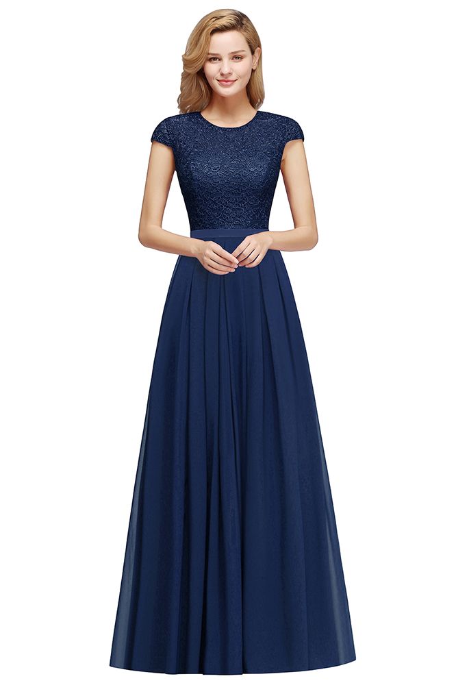Elegant Cap Sleeves ALine Evening Swing Dress Navy Blue Long Party Dre Elegant Cap Sleeves ALine Evening Swing Dress Navy Blue Long Party Dre