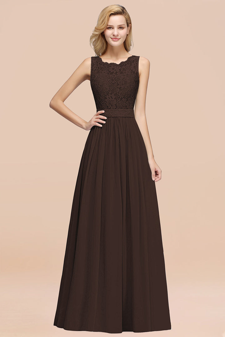 scalloped bridesmaid dress Chiffon A-Line Lace Scalloped Sleeveless Long Ruffles Bridesmaid Dress