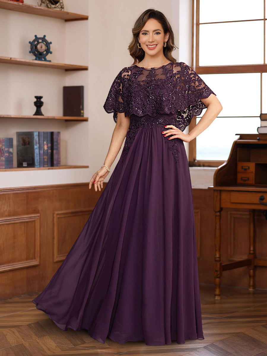 Elegant Floor-Length A-Line Princess Mother of The Bride & Groom Dresses with Round Neck and Lace Appliques