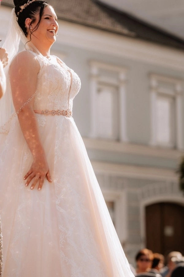 lace wedding dress with beaded belt Romantic Lace Over Satin Wedding Dress