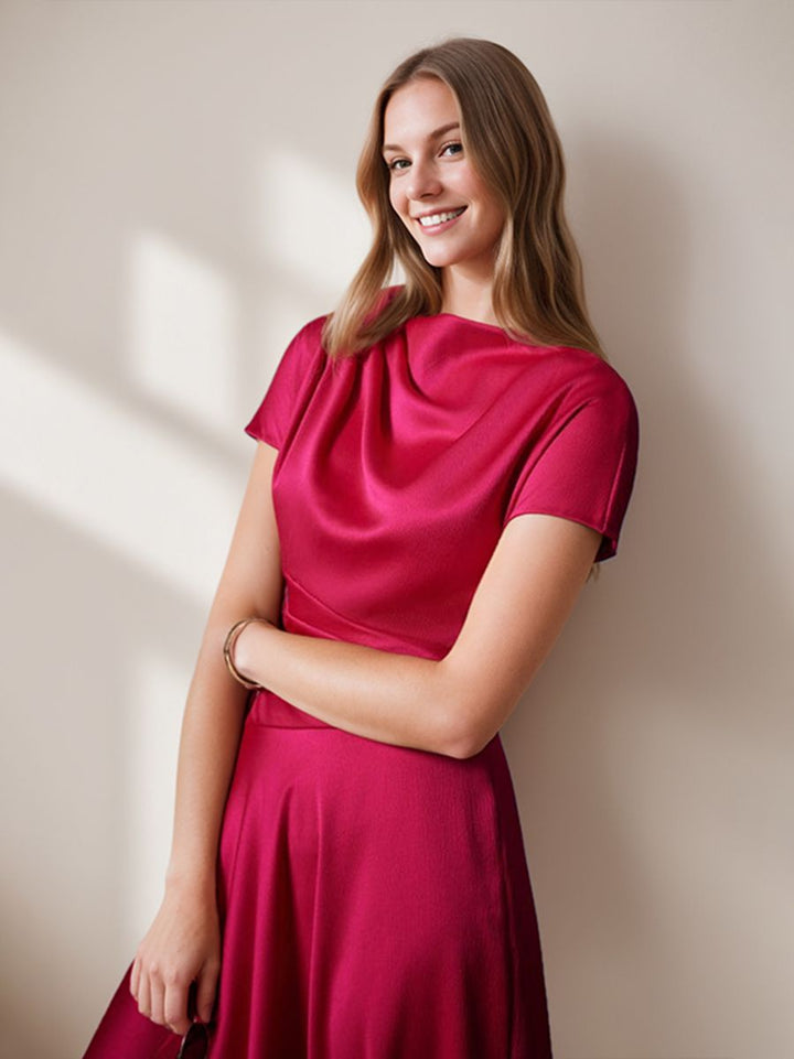 knee length wedding guest dresses with sleeves Elegant Knee-Length Wedding Guest Dress with Ruched Detail A-Line/Princess  Cut Scoop Neck and