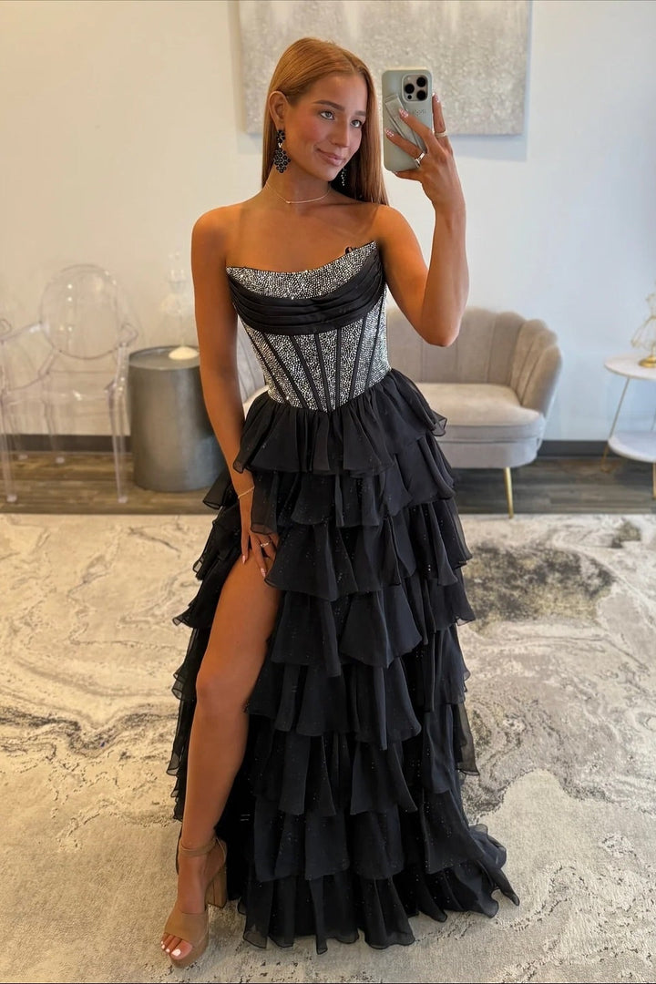 glitter dress cake Elegant Long A-line Strapless Glitter Cake Prom Dress with Slit