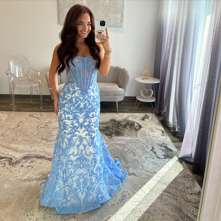 Elegant Long Blue Mermaid Strapless Lace Prom Dress