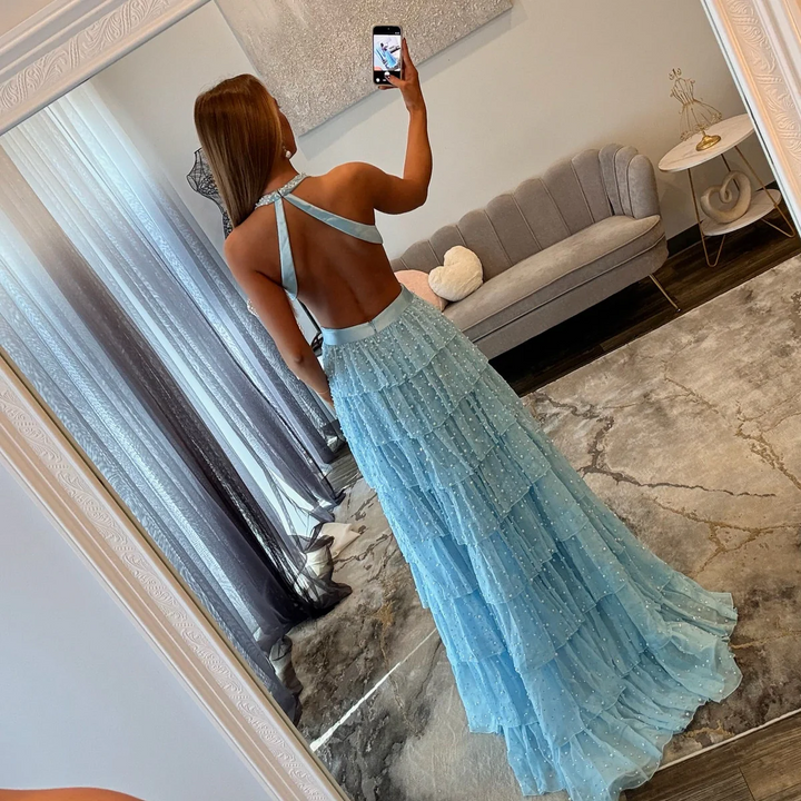 Elegant Long Sky Blue Halter A-line V-neck Prom Dress with Slit and Pearls