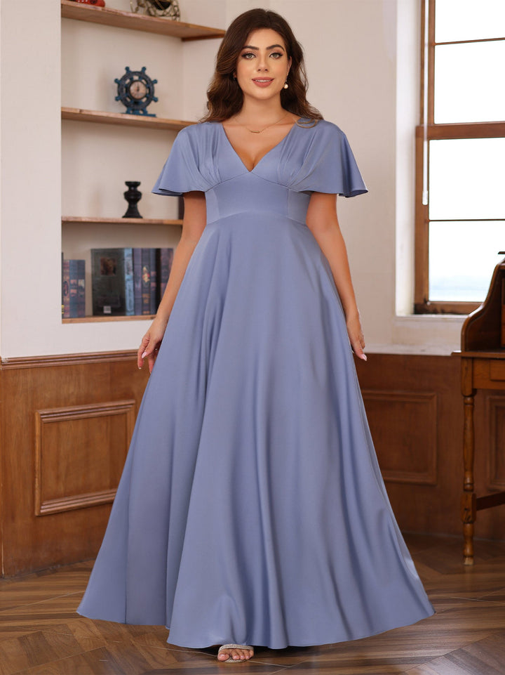Elegant Plus Size V-Neck A-Line Princess Floor-Length Mother of the Bride  Dress with