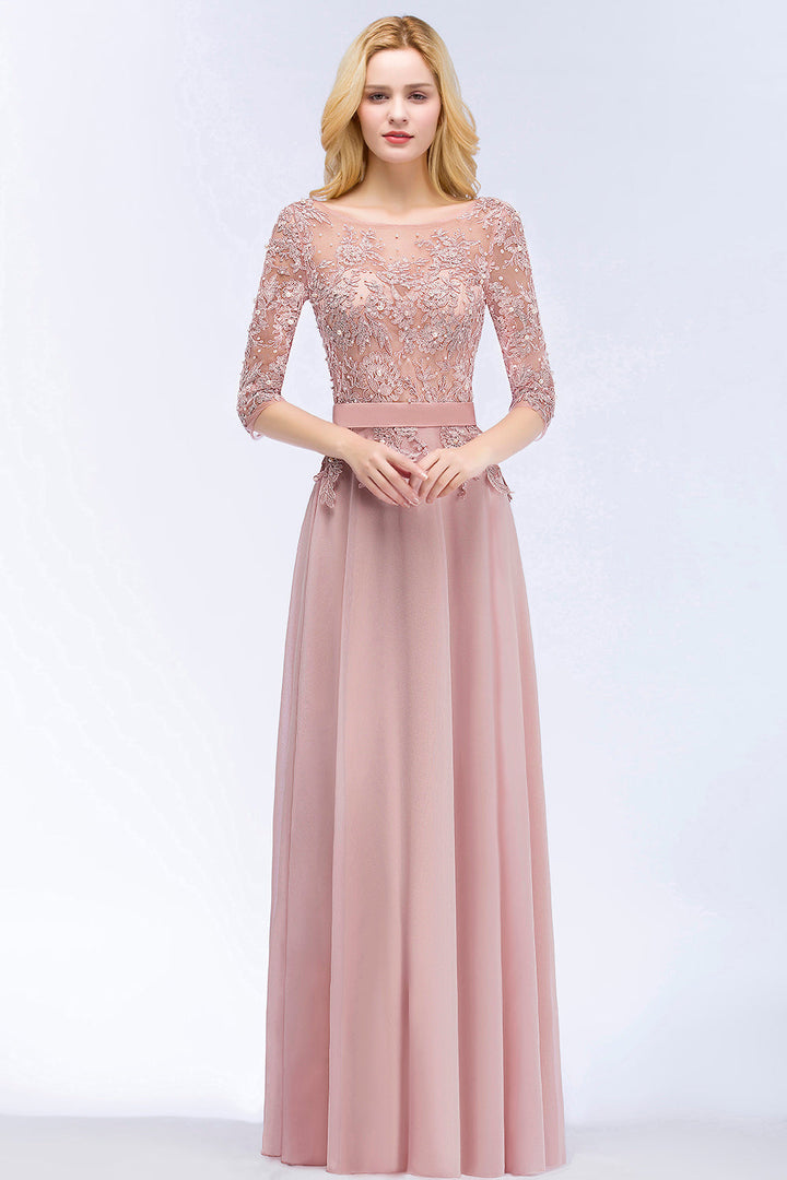 BMbridal Elegant Scoop Half-Sleeves Lace Dusty Rose Bridesmaid Dress With Pearls