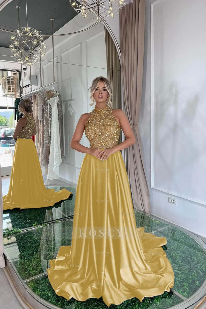 Elegant Sequins Formal Dress Gold Black Long Sleeveless Halter Elegant Sequins Formal Dress Gold Black Long Sleeveless Halter