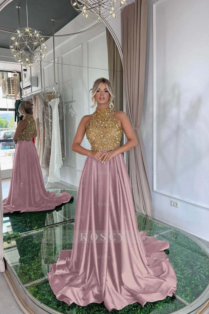 Elegant Sequins Formal Dress Gold Black Long Sleeveless Halter Elegant Sequins Formal Dress Gold Black Long Sleeveless Halter