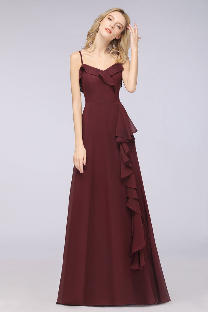 Elegant Spaghetti Straps Ruffle Burgundy Chiffon Dresses Affordable