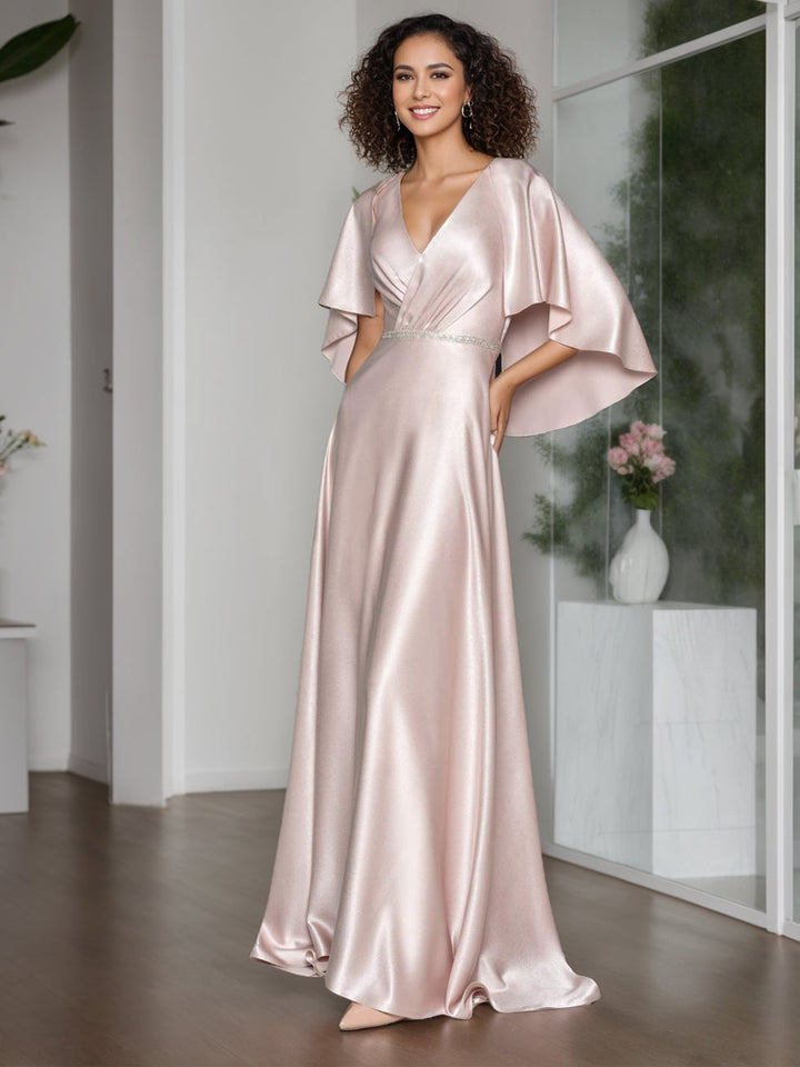 bridesmaid dresses with cape sleeves Lyrel Modest V-neck Cape Sleeves A-line Tiered Bridesmaid Dresses – Cathnina main image 0