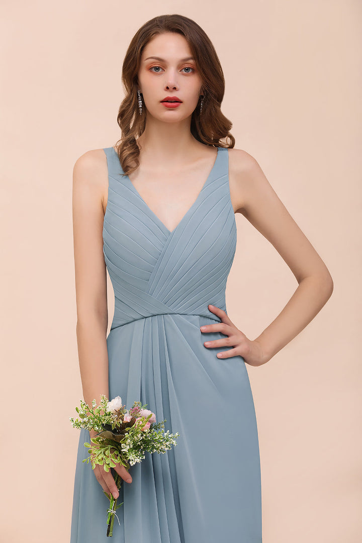 dusty blue chiffon bridesmaid dresses Elegant V-Neck Ruffle 54.4