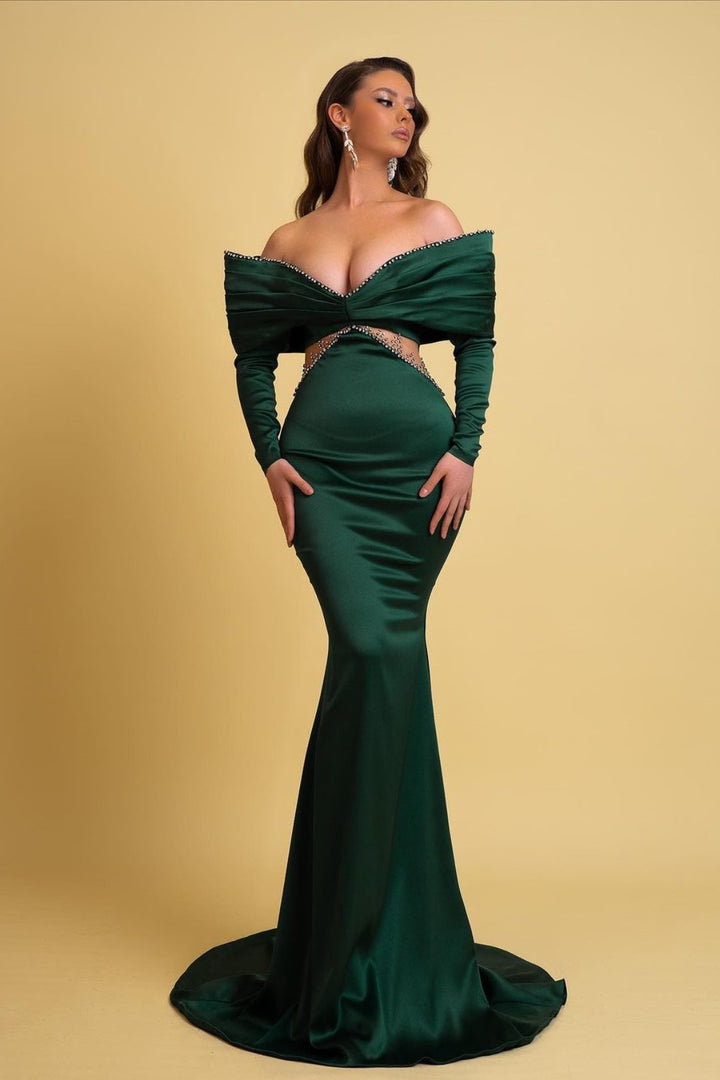 Emerald Green Prom Dress: Off-the-shoulder Charmeuse V Neck Mermaid Emerald Green Prom Dress: Off-the-shoulder Charmeuse V Neck Mermaid