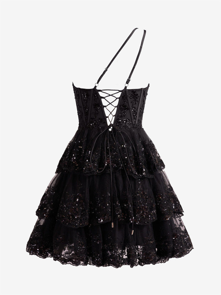 Koscy Black A Line One Shoulder Navy Tiered Lace Short Homecoming Dress