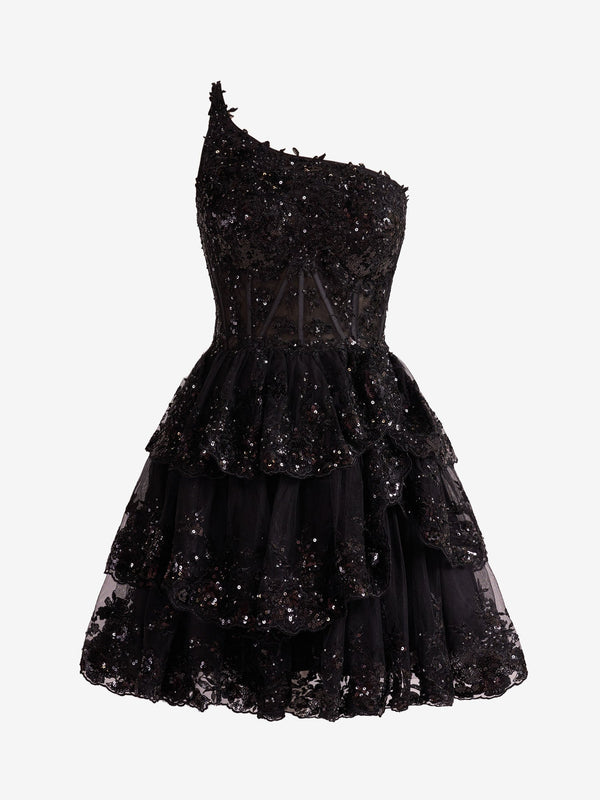 Koscy Black A Line One Shoulder Navy Tiered Lace Short Homecoming Dress