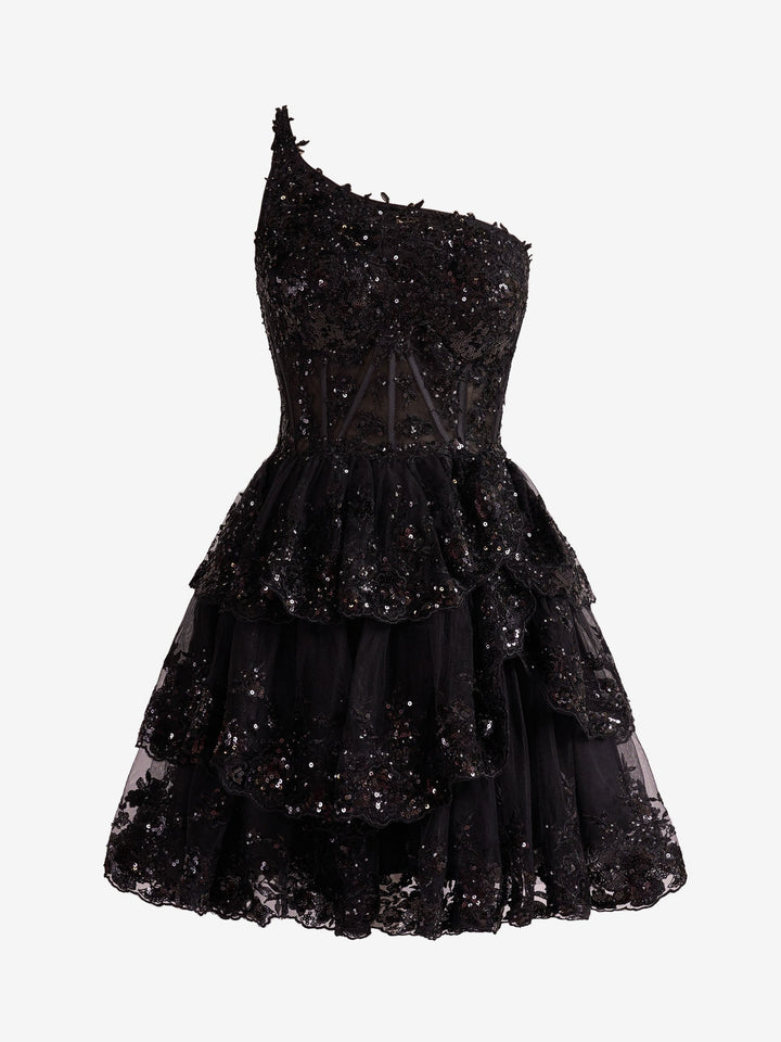 Koscy Black A Line One Shoulder Navy Tiered Lace Short Homecoming Dress