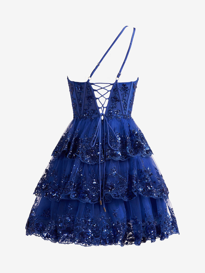 Koscy Royal Blue A Line One Shoulder Navy Tiered Lace Short Homecoming Dress