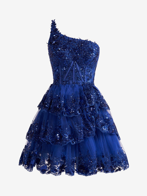 Koscy Royal Blue A Line One Shoulder Navy Tiered Lace Short Homecoming Dress