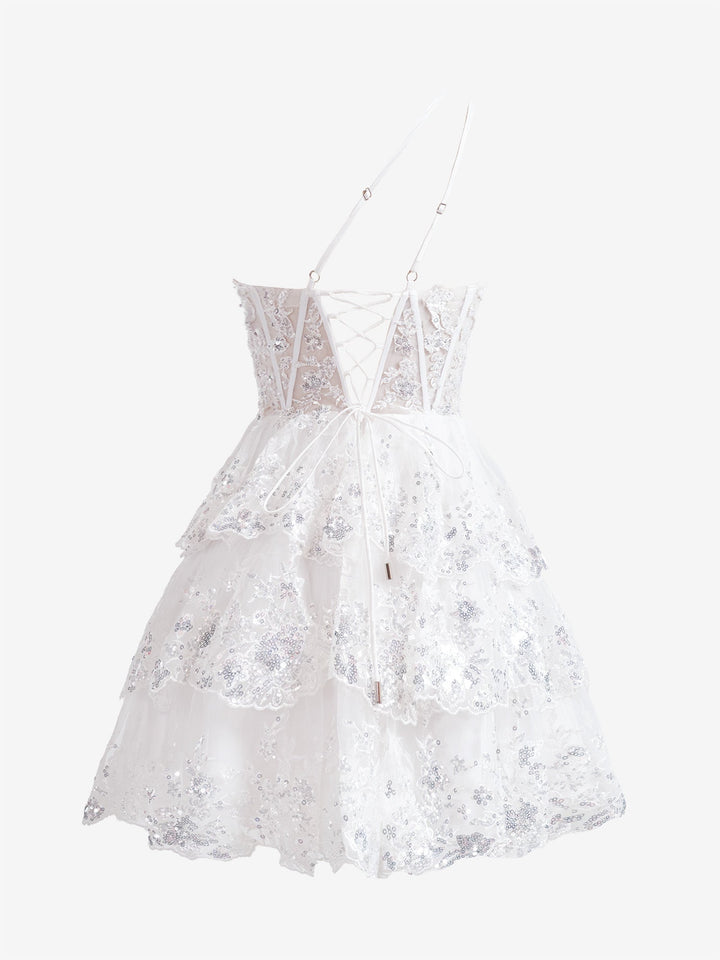 Koscy White A Line One Shoulder Navy Tiered Lace Short Homecoming Dress