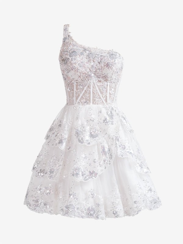 Koscy White A Line One Shoulder Navy Tiered Lace Short Homecoming Dress