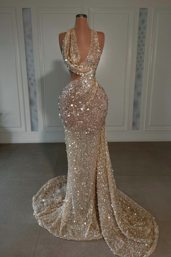 Evening Dress Sequins V Neck Sleeveless Halter Sexy Long Evening Dress Sequins V Neck Sleeveless Halter Sexy Long