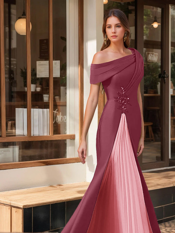 Evening Dresses with Ruffles & Appliques in Trumpet/Mermaid Style and Short  One-Shoulder Sleeves
