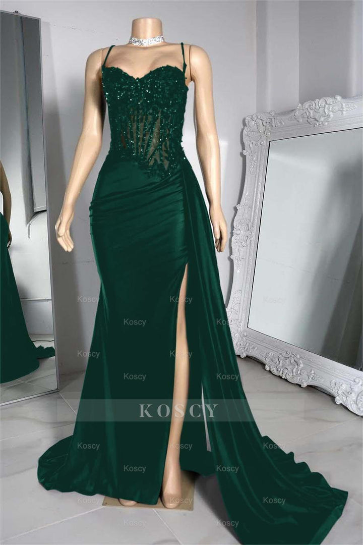 exquisite formal dresses Exquisite Black Spaghetti Strap Sleeveless Pleated Long Split Formal Dress  With Beading