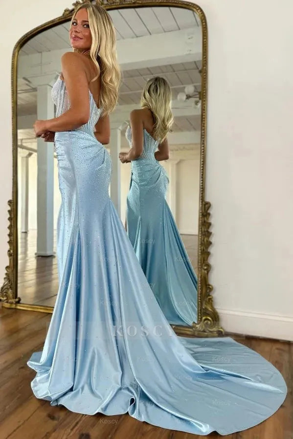 Exquisite Long Blue Mermaid Glitter Strapless Corset Prom Dress with Slit Exquisite Long Blue Mermaid Glitter Strapless Corset Prom Dress with Slit
