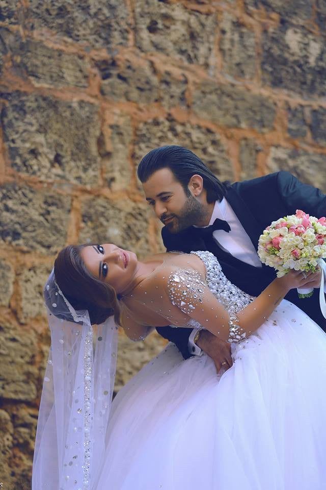 Bmbride Ball Gown Wedding Dress with Long Sleeves Crystals and Beading