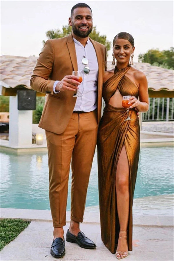 Koscy Elegant Brown Reception Suit with Peaked Lapel and One Button for Groom
