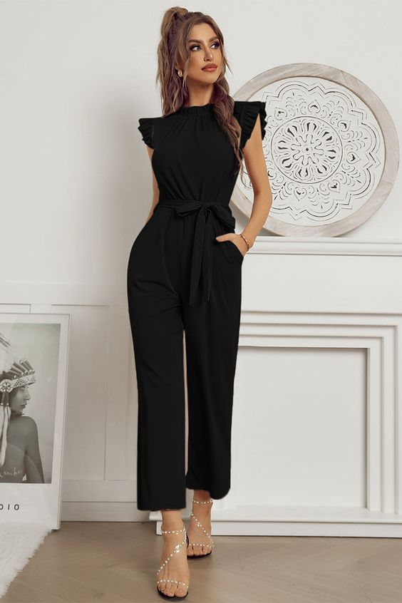 Koscy Black Sleeveless Crew-Neck Daily Women's Jump Suit With Belt