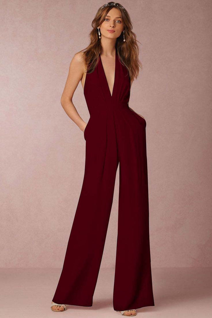 Koscy Casual Black Deep V-Neck Halter Long Daily Jump Suit