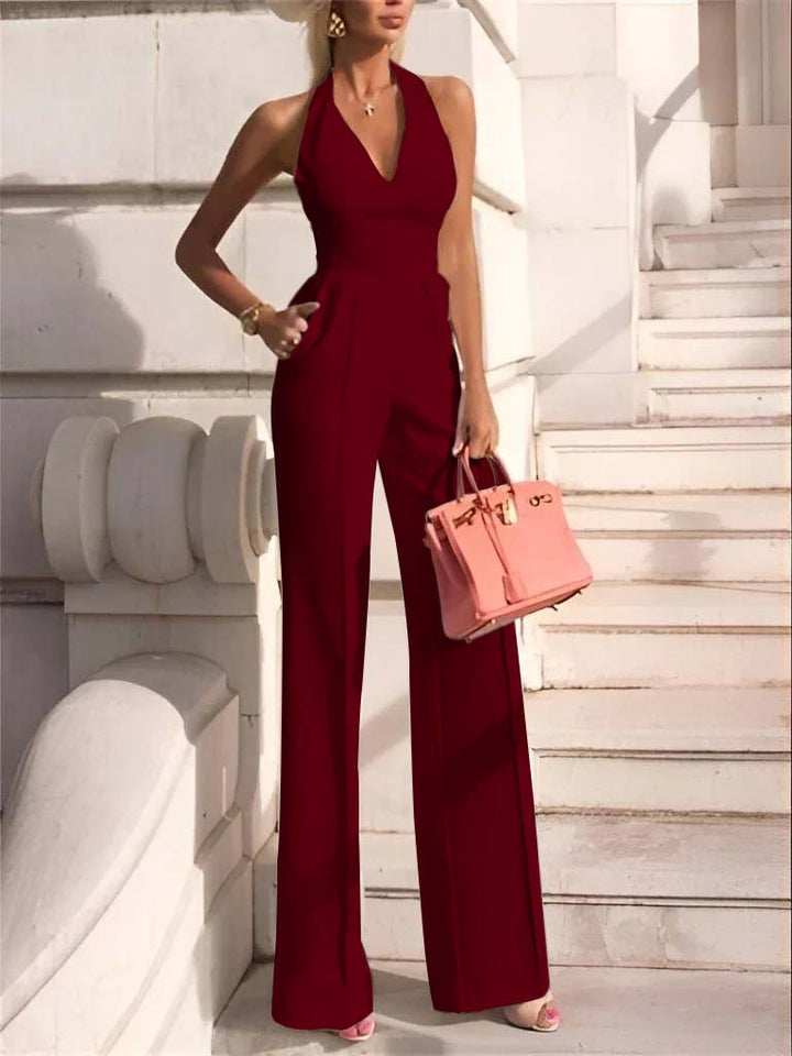 Koscy White Slim Fit Halter V-Neck Jumpsuit High-Waist Daily Women's Jump Suit