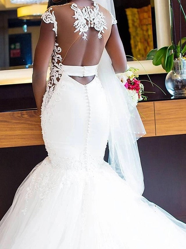 Bmbride Elegant Mermaid Trumpet Wedding Dresses with V Neck Chapel Train Lace Tulle Overlay Satin Regular Straps and Sexy Backless