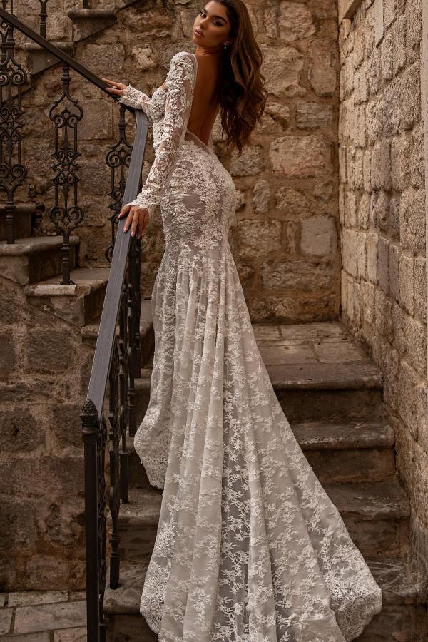 Bmbride Long Mermaid Sweetheart Tulle Lace Backless Wedding Dresses with Sleeves