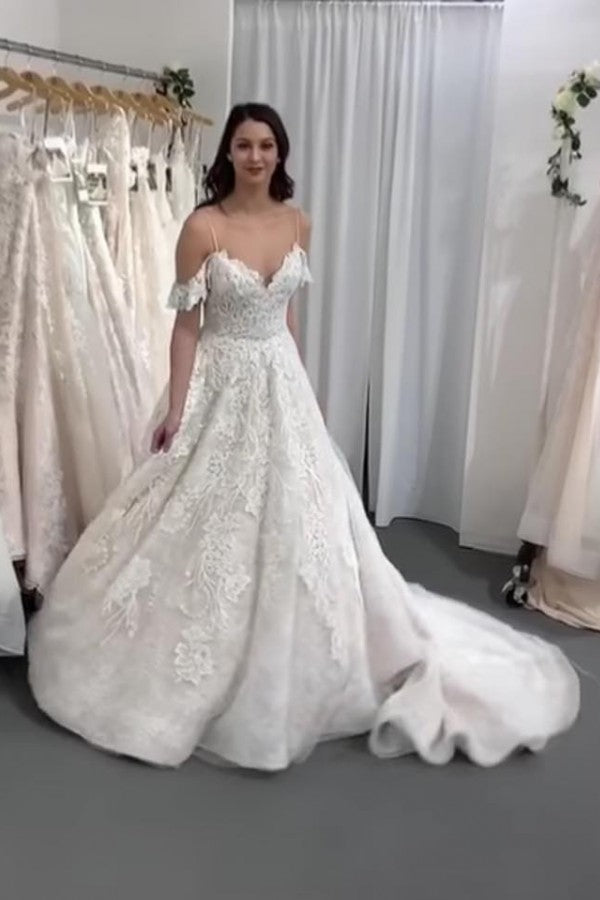 Bmbride Long A-line Spaghetti Straps Tulle Lace Backless Wedding Dress