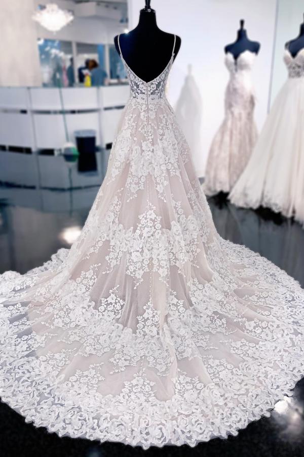 Bmbride Elegant Long A-line V-neck Lace Backless Wedding Dresses