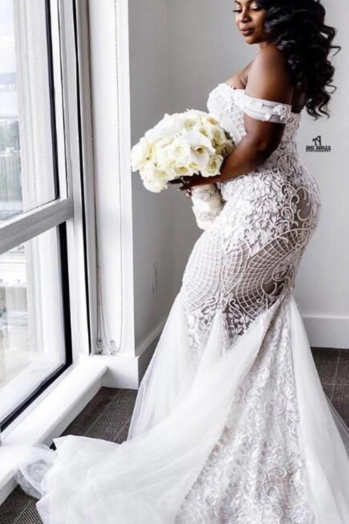 Bmbride Plus Size Off-the-Shoulder Mermaid Wedding Dresses