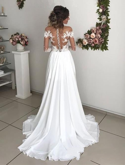 Bmbride A-line Chiffon Lace Long Sleeves Wedding Dress with Slit