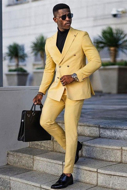 Koscy Glamorous Yellow Double-Breasted Business Suit with Peaked Lapel for Men