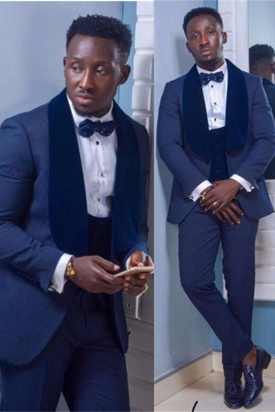 Koscy Modern Dark Navy Shawl Lapel Easy Fit Wedding Suit