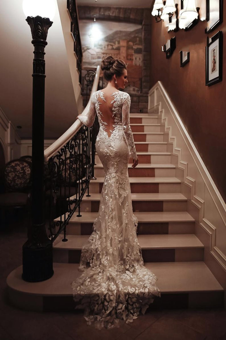 Bmbride Long Sleeve High Neck Appliques Lace Backless Mermaid Wedding Dress