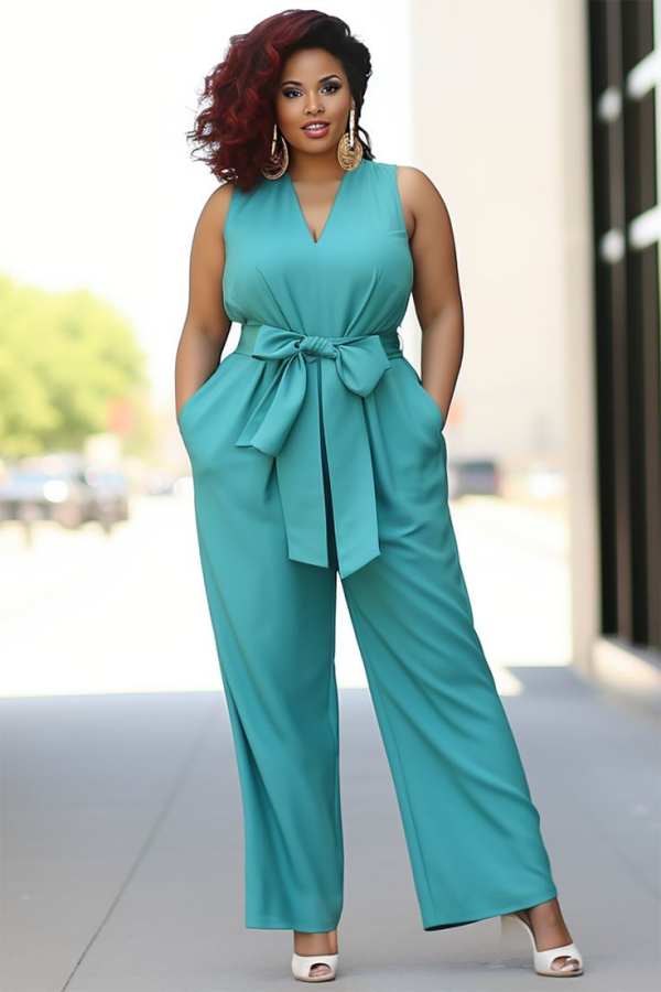 Koscy Pool Blue V-Neck Sleeveless Jump Suit With Bow Belt